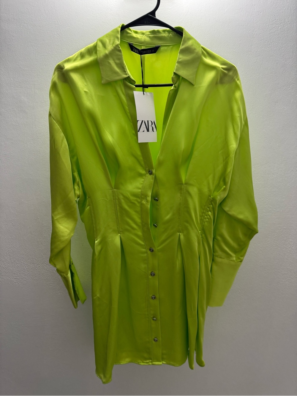 ZARA Neon Lime Satin Button-Front Shirt Dress